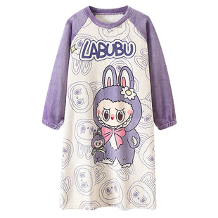 拉布布女童珊瑚绒睡裙秋冬薄款儿童法兰绒睡袍中大童女孩母女睡衣