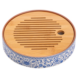 汝窑青花圆形陶瓷茶盘家用小型蓄水沥水干泡茶台轻奢高档茶托盘