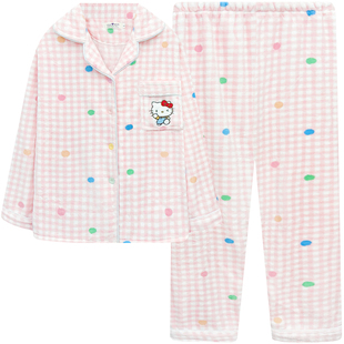 HelloKitty睡衣女款秋冬季加厚珊瑚绒保暖可爱毛绒家居服套装冬天