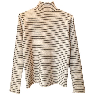 条纹针织半高领木耳边打底衫女内搭2025秋冬新款修身毛衣洋气上衣