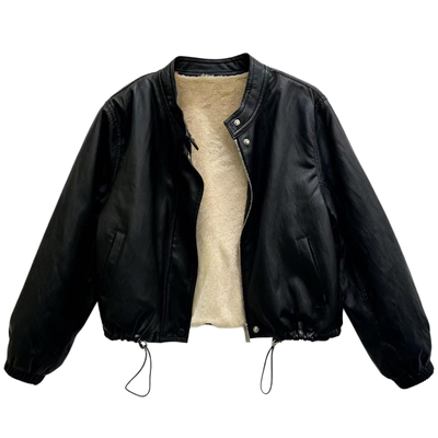 加绒加厚圆领PU小皮衣外套女冬季