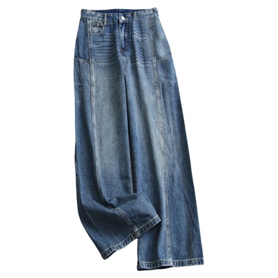 复古蓝色做旧磨白高腰显瘦牛仔裤