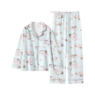 甜美风真丝睡衣女春夏季薄款猫咪印花凉感舒适带胸垫家居服四件套