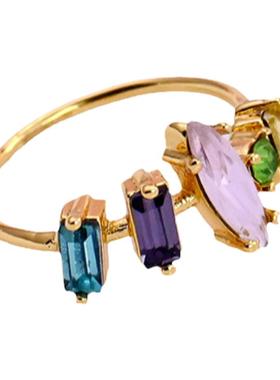 潮品小众轻奢欧美百搭os简约彩色玻璃宝石镶嵌优雅款戒指指环现货