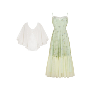 安妮不火千夏蝉时雨刺绣蕾丝网纱拼接吊带裙女新款微胖大码连衣裙