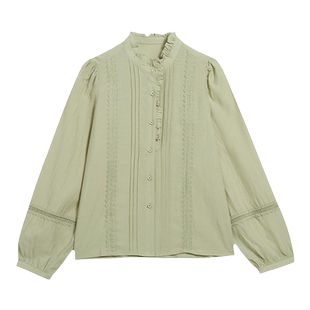 UnBleu木耳领衬衫女秋季新款法式复古女装绿色蕾丝休闲上衣衬衣