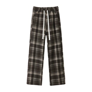 特厚羊羔绒格子裤子女秋冬季加绒加厚小个子外穿棉裤毛呢阔腿长裤