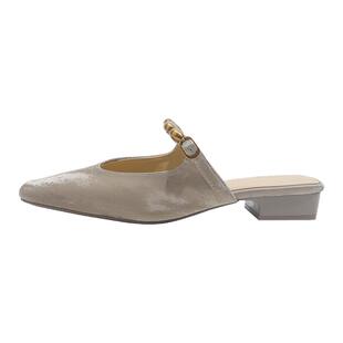 真皮~骄屿法式方头凉拖女夏外穿一脚蹬国风粗跟包头半拖穆勒单鞋