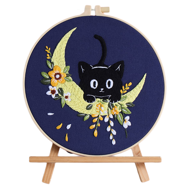 手工刺绣diy材料包 月夜黑猫4-5月亮小猫绣品礼物挂画猫咪刺绣