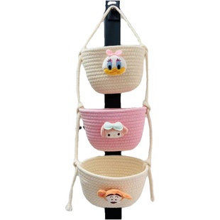 卡通棉线绳三层式壁挂收纳篮杂物零食储物盒创意悬挂收纳挂袋挂篮