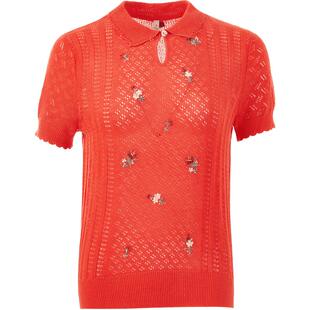 渔牌女装2024春夏新款镂空针织翻领短袖毛衣绣花休闲上衣FGGA1006