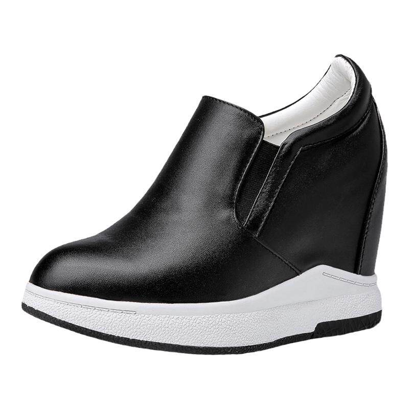 春秋新款春真皮小白鞋女内增高女鞋百搭黑色休闲一脚蹬坡跟懒人鞋