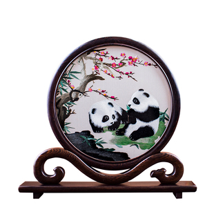 刺绣熊猫摆件手工双面苏绣摆台中国风工艺品小摆件新中式桌面礼品