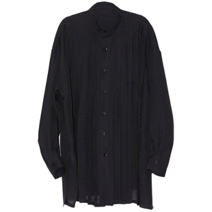 VAPOURBLUE/原创黑白中式百褶衬衫男女夏季设计感宽松长袖上衣