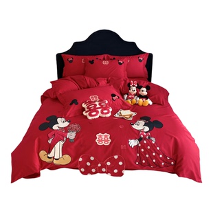 迪士尼100S长绒棉全棉婚庆四件套大红色结婚纯棉被套床笠床上用品