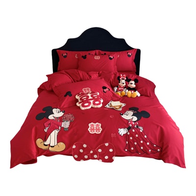 迪士尼100S长绒棉大红婚庆四件套