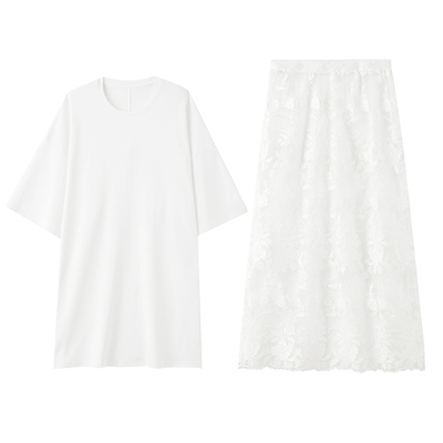 ZzZHANG落肩长款T恤+蕾丝半裙