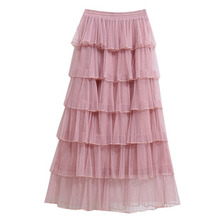 粉色超仙百褶网纱蛋糕裙半身裙女秋冬2026新款蓬蓬纱裙半裙长裙