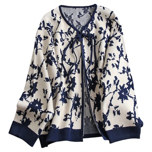 新中式国风复古盘扣撞色水墨提花针织开衫外套长袖百搭女毛衣Q872