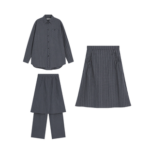 BobbyBecky立体提花复古100%新疆棉马场格纹翻领衬衣裤裙半裙套装