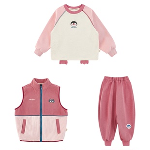 幼悠女童2025冬季新款加厚保暖插肩卫衣无袖马甲束脚长裤企鹅套装
