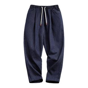 马登工装美式休闲Jogger丹宁牛仔裤松紧腰抽绳水洗直筒老爹裤男秋