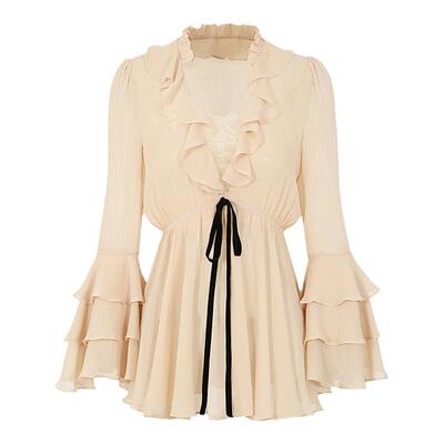 宁芙心心仙女雪纺荷叶边长款上衣