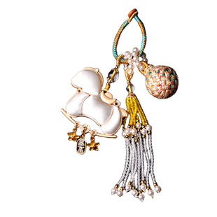 名家宋锦白羽小马包挂件有球必应流苏车挂复古风马上有钱花钥匙扣