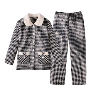 猫人睡衣女士冬季三层加厚加绒梭织纯棉夹棉珊瑚绒超厚家居服