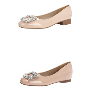 羊皮水钻单鞋2026春夏新款甜美时尚粗跟方头芭蕾风小个子增高女鞋