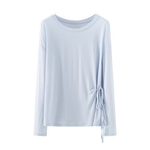 艾格圆领抽绳长袖T恤女春季新款收腰显瘦刺绣上衣休闲通勤学生党