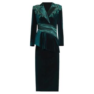 创意狐礼服高端轻奢丝绒OL西装裙子晚宴会主持人气质演出服连衣裙