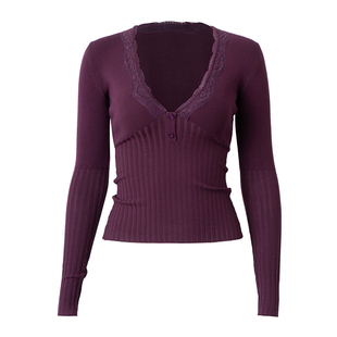 PynkiSwear 黑/紫/白色深V领蕾丝花边修身针织衫毛衣坑条打底上衣