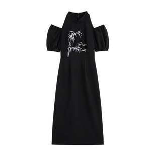 鹭青原创【墨竹】改良旗袍裙女夏复古新中式连衣裙设计感小黑裙一