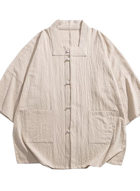 100%纯棉方领夏季中式七分袖衬衫男唐装国风禅意茶服宽松情侣汉服