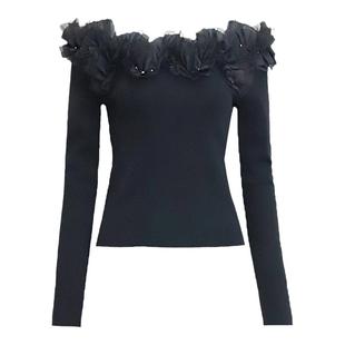 ANOTHER ONE安那迪一字肩针织上衣法式复古长袖打底衫