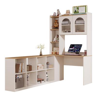 实木转角书桌书架一体书柜组合