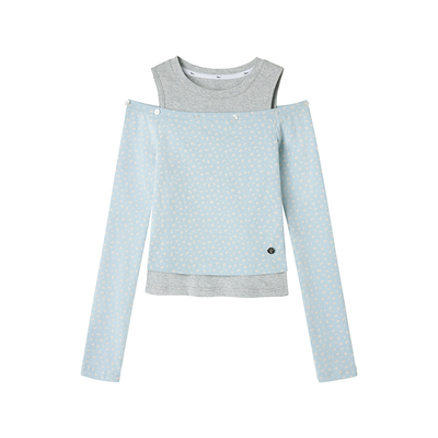 Uena蓝色碎花真两件长袖针织T恤