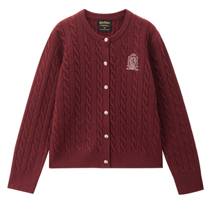 [哈利波特联名]佐丹奴红色毛衣女学院风刺绣绞花针织开衫18355728