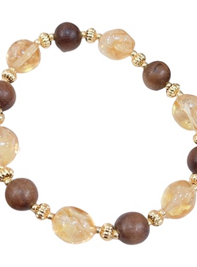 天然不规则黄水晶圆珠老山檀木镀金手链女款原创小众高级感手串