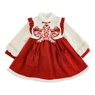 幼悠女童加绒加厚年服连衣裙2025冬季贴布刺绣中式立领国风汉服裙
