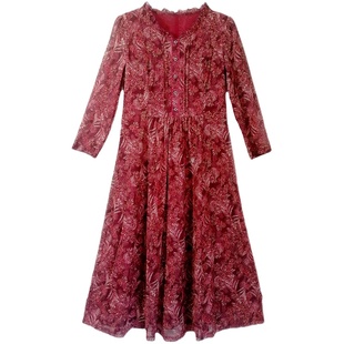 连衣裙中年女妈妈装新款春夏装七分袖圆领台湾网纱气质长裙子