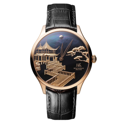 上海手表男复兴系列18K金雕九曲映月镶钻商务透底自动机械表SW300