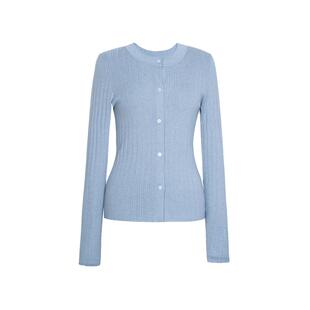 XG雪歌浅蓝色坑条低圆领针织衫2025冬季新款长袖套头毛衫毛衣女装