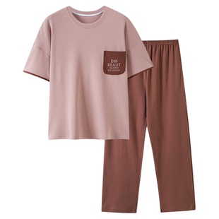 芬腾可安睡衣女款2026新款夏季纯棉带胸垫短袖长裤女士大码家居服