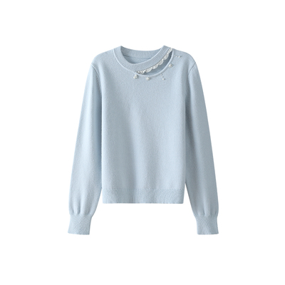 OSA镂空圆领钉珠毛针织打底衫