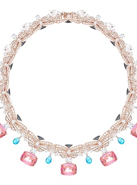 小众轻奢彩色粉钻人工宝石晚宴礼服舞会晚装项链新娘结婚锁骨链女