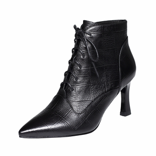 2025新款春秋季女鞋尖头系带高跟鞋短靴小踝靴秋冬细跟真皮鞋女靴