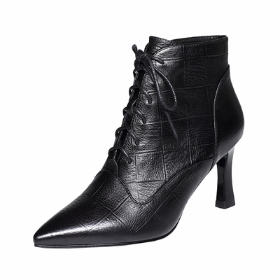 2025新款尖头系带高跟鞋女小短靴春秋季单靴及踝靴秋冬细跟真皮鞋