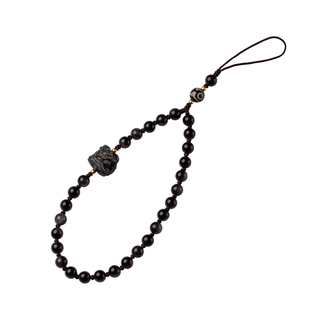 大善堂天然银曜石醒狮手机挂绳三眼天珠挂饰手腕女士手机链男挂件